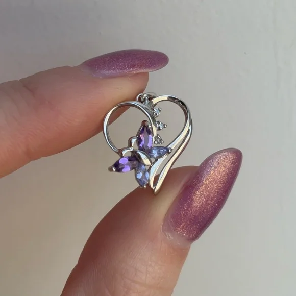 10k White Gold Diamond Gemstone Butterfly Heart Pendant / Charm - Picture 2 of 6